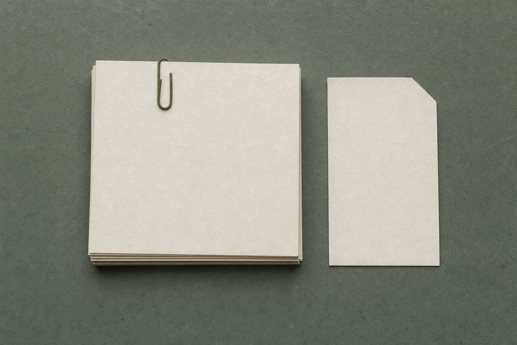 A squared stack of nine plain filing cards held by an olive paper clip, next to a blank slip with a clipped corner.