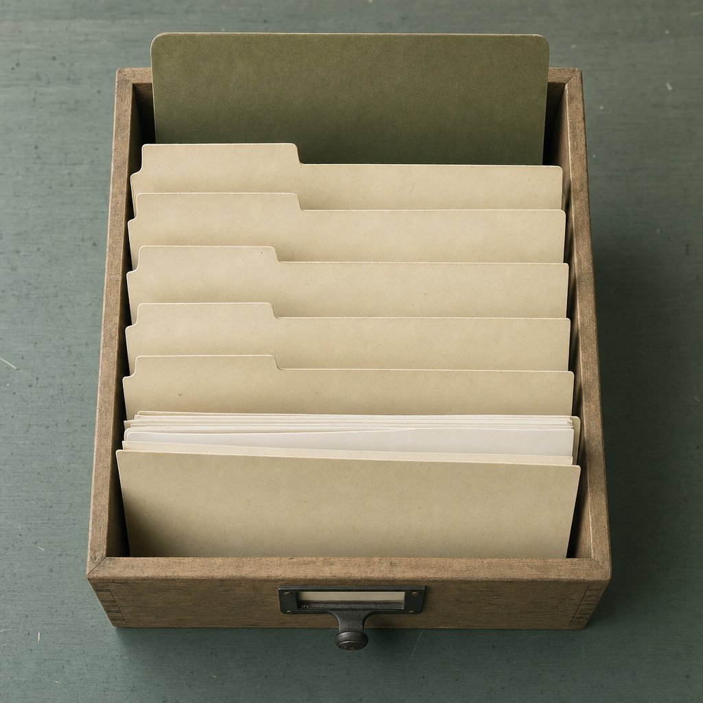 A shallow wooden drawer of buff document folders standing upright, their cut tabs staggered at different heights, with off-white papers showing in one folder and an olive divider behind.