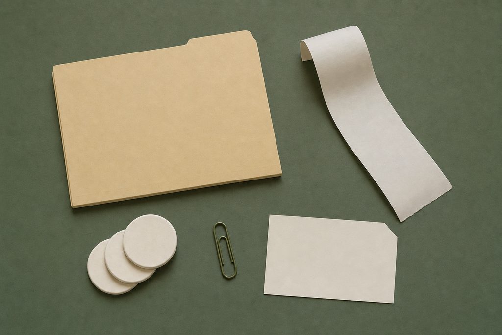 A closed buff document folder, a curled blank receipt strip, three unmarked ivory gaming chips, an olive paper clip and a blank index card on an olive board.